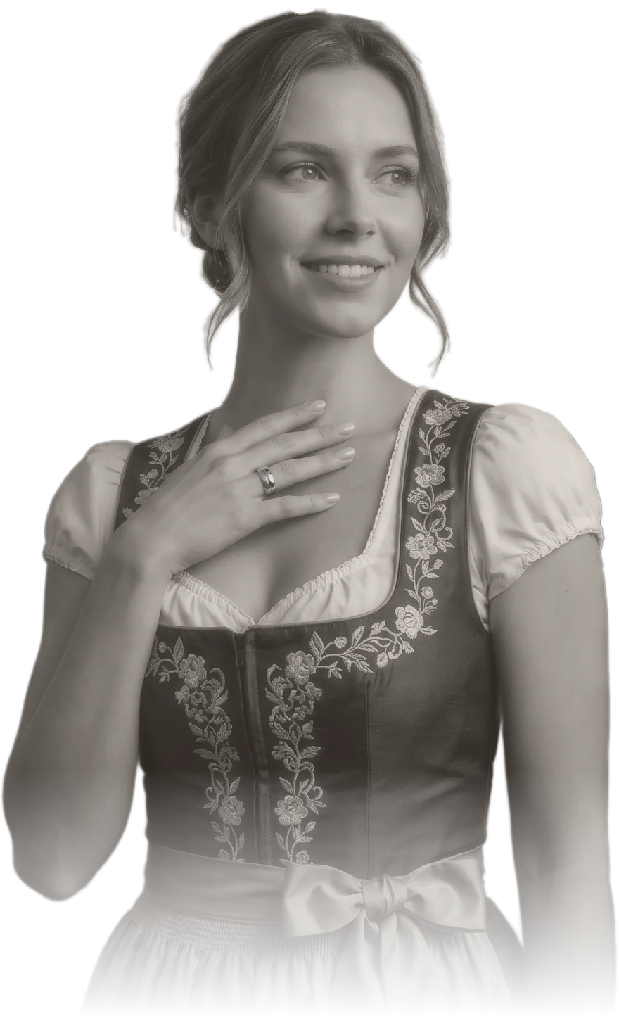 Frau im Dirndl in weichem Schwarz-Weiß, die Hand am Schlüsselbein – farbig ist nur der Limited-Edition-Ring in Schwarz-Silber Bi-Color