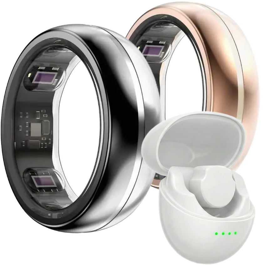 De twee limited-edition ringen in rosé goud en zwart-zilver bi-color naast de witte travel case