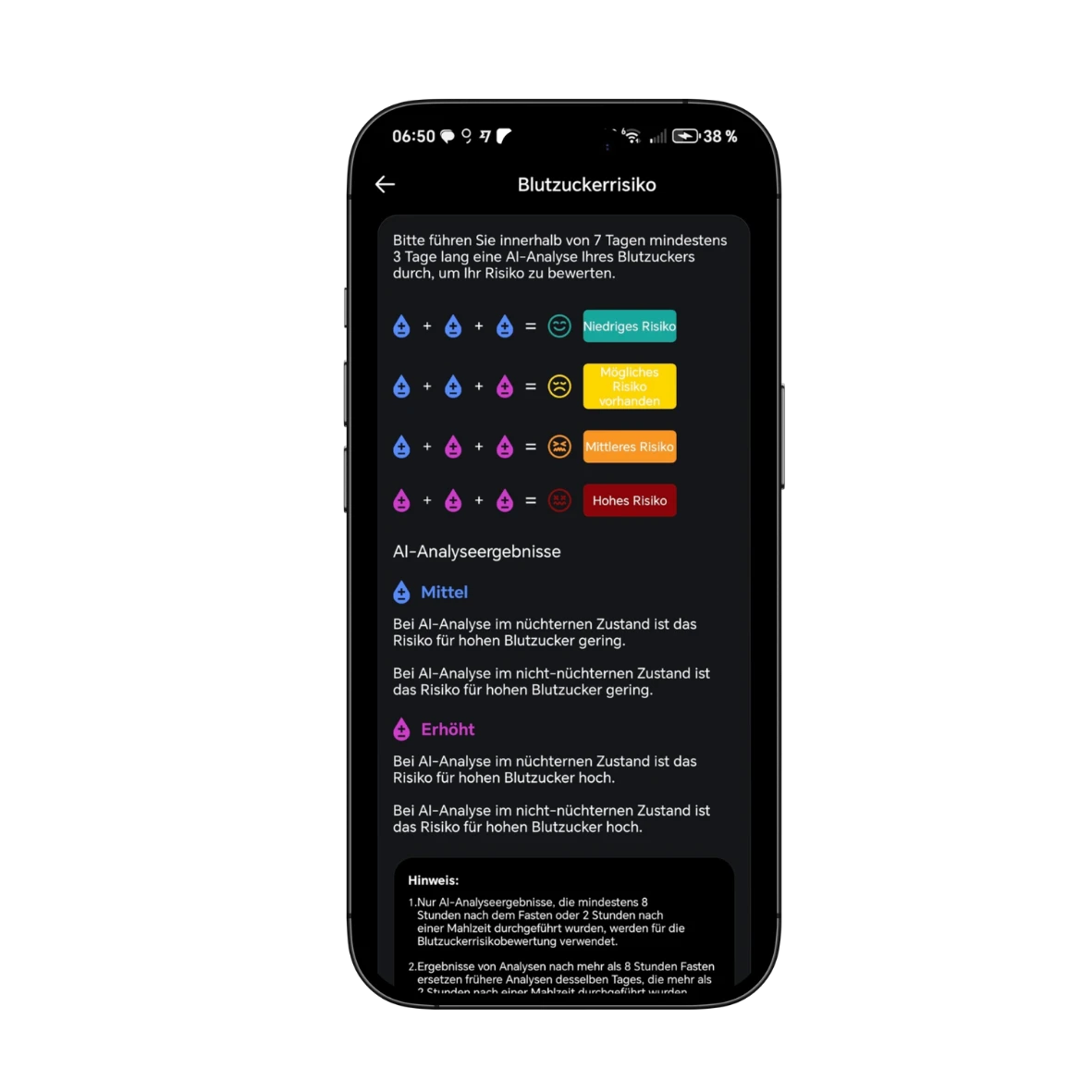 MYnextRING App — Blutzucker-Risikoanalyse: KI-Analyseergebnisse mit Risiko-Einordnung und Erklärungen zum Blutzucker