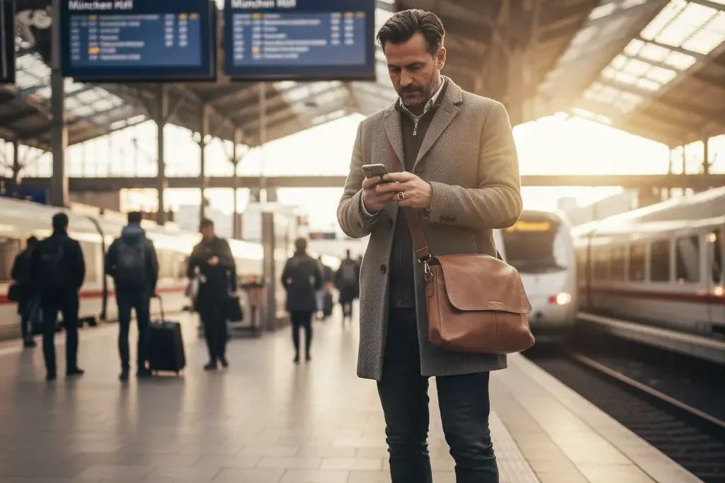 Ruhiger Moment am Bahnhof im warmen Abendlicht — den N2 Pro am Finger, während der Alltag weiterläuft