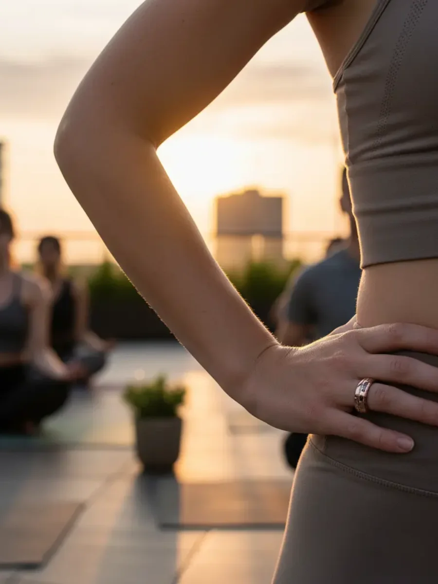 Frau nach dem Yoga bei Sonnenuntergang — der N2 Pro am Finger misst Erholung