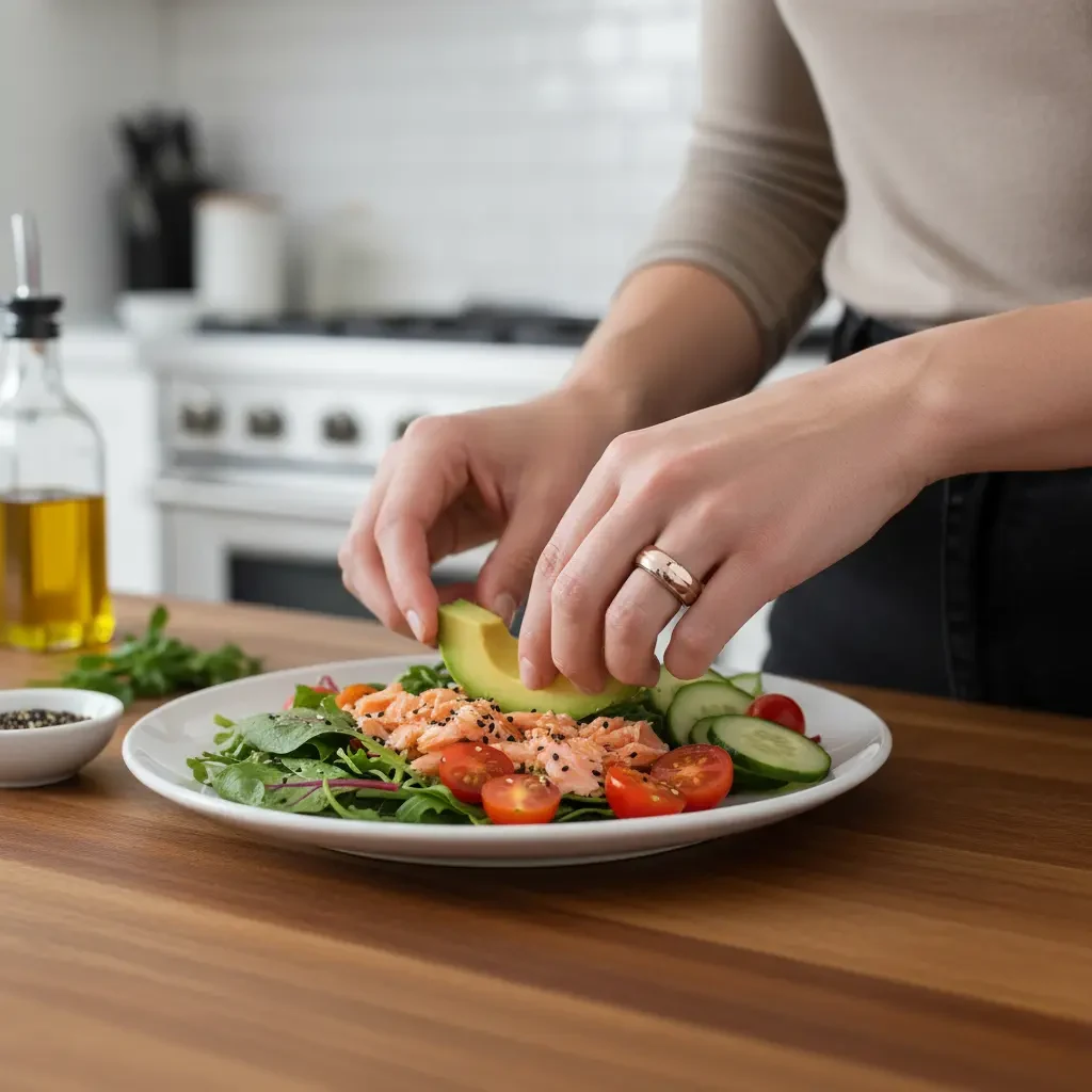 Frau bereitet einen gesunden Salat zu, MYnextRING am Finger