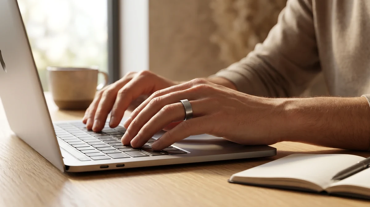 Hand mit MYnextRING SKY tippt am Laptop im Büro